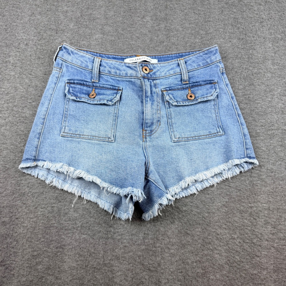 Celebrity Pink Denim Shorts Womens 7/28 Blue Raw Hem Utility Pocket High Rise